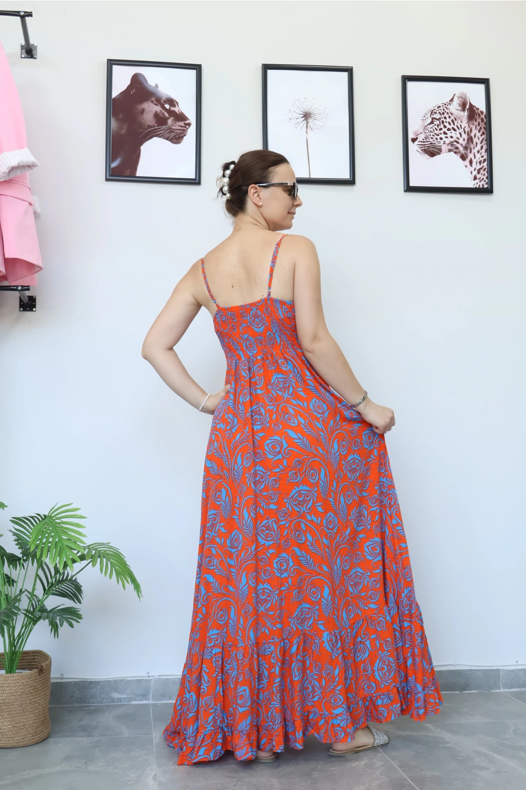 Desenli Turuncu Uzun Elbise