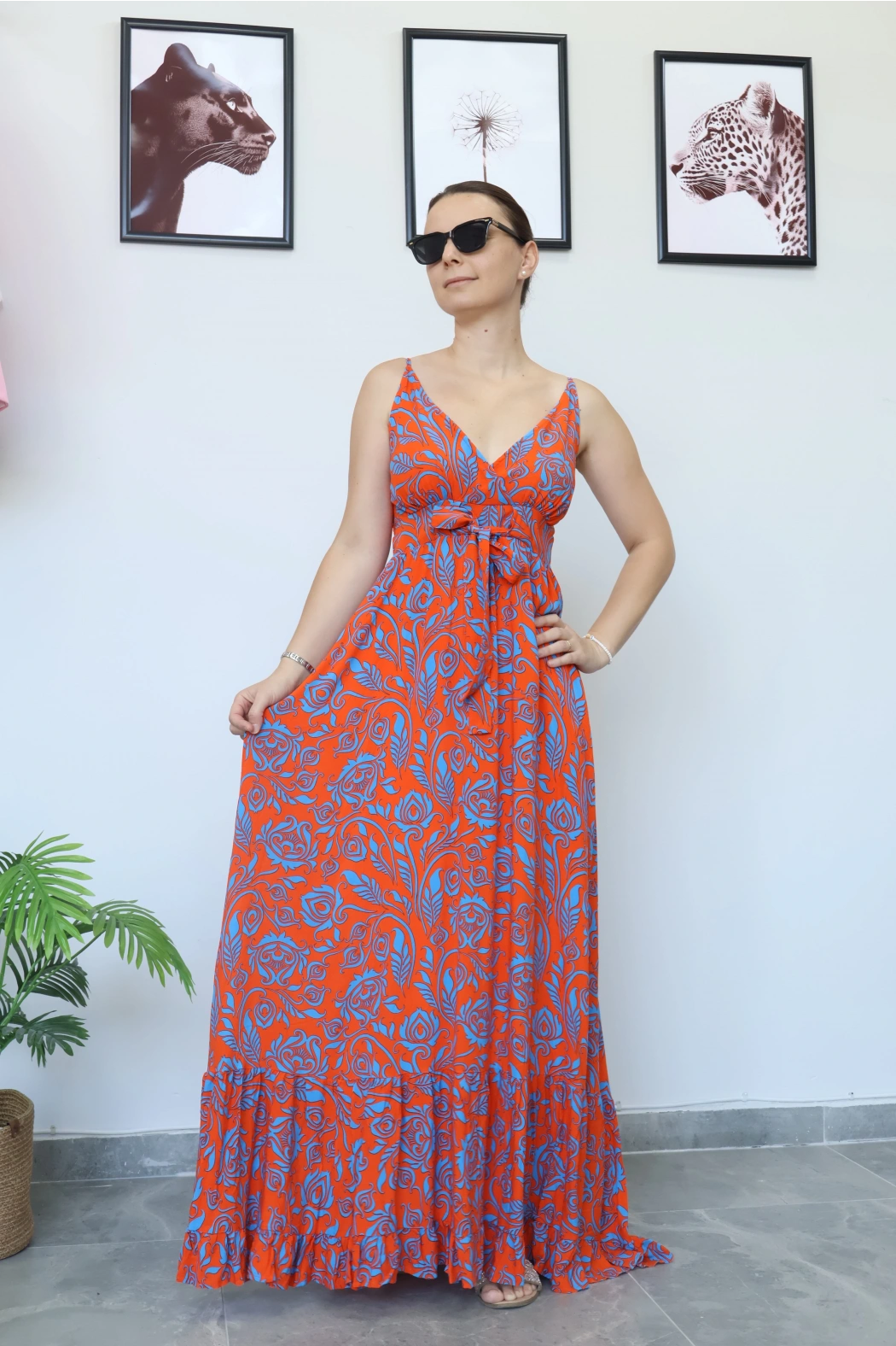 Desenli Turuncu Uzun Elbise