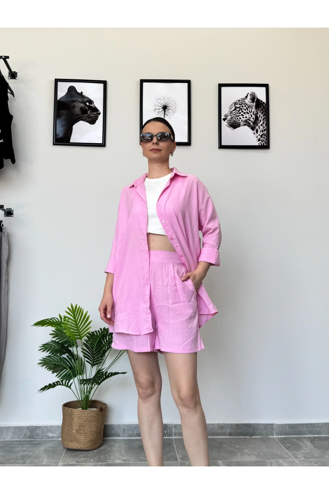 Pembe Gömlek Şort Takım