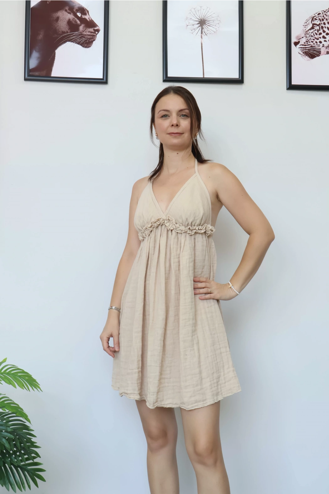 Krem Kısa Müslin Elbise