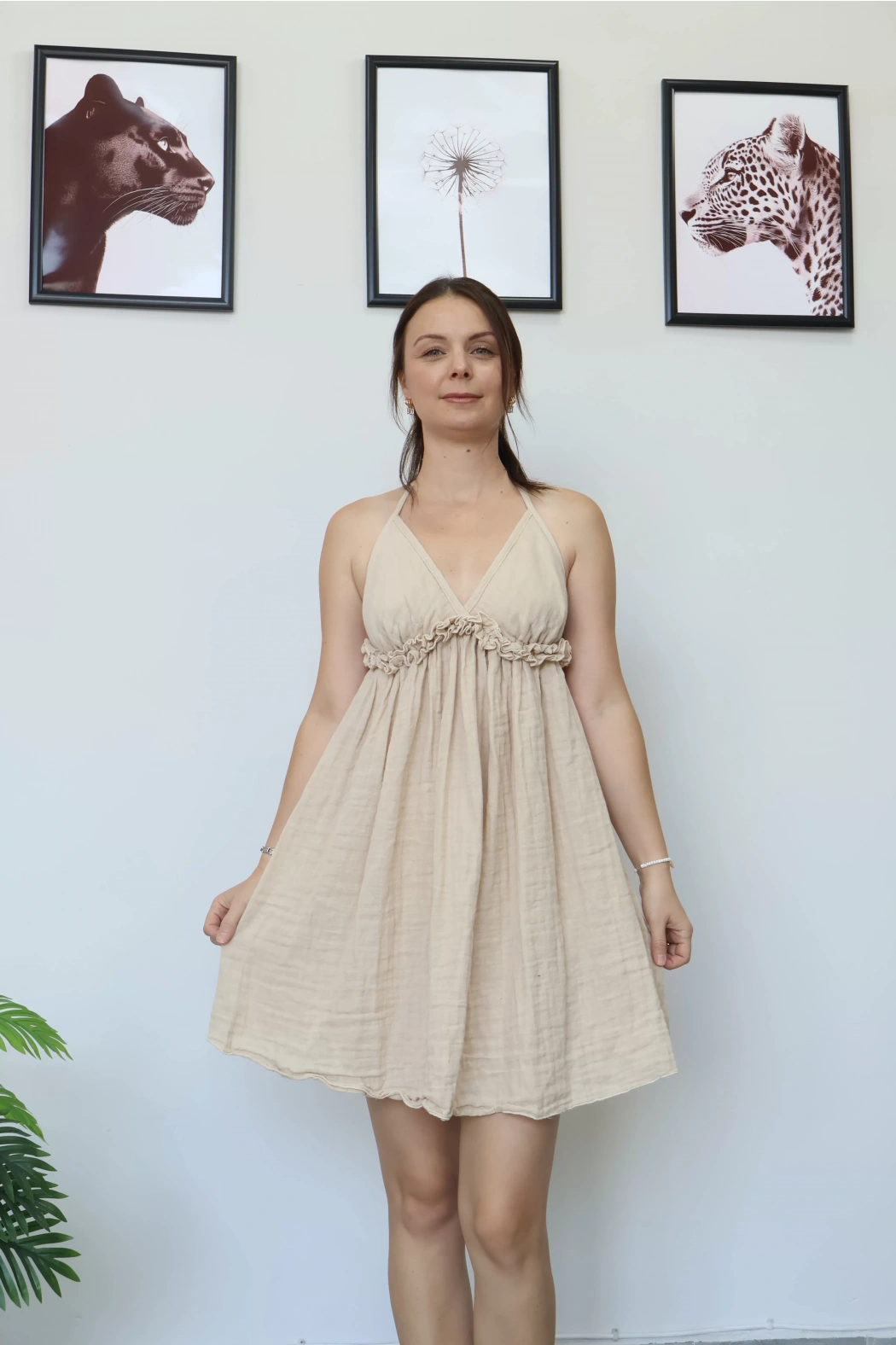 Krem Kısa Müslin Elbise