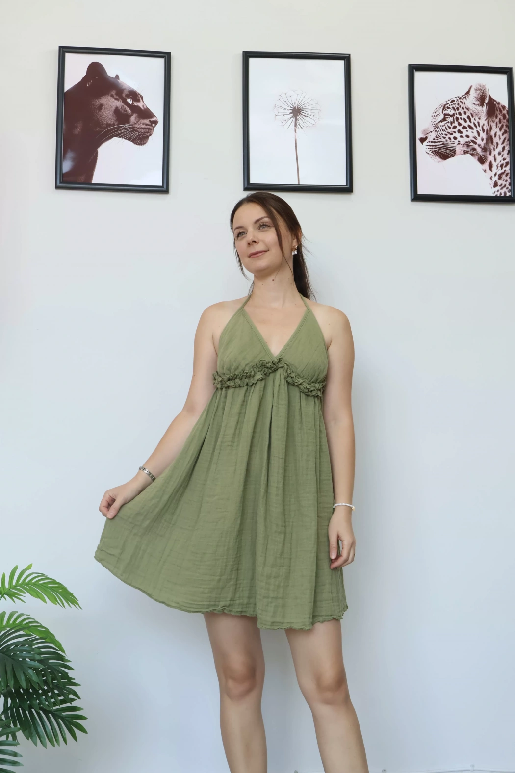 Haki Kısa Müslin Elbise