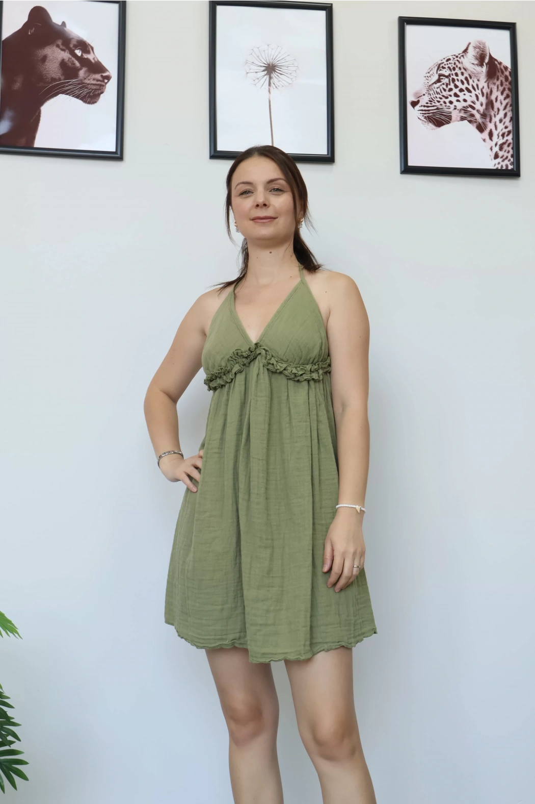 Haki Kısa Müslin Elbise