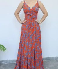 Desenli Turuncu Uzun Elbise