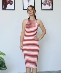 Kırmızı Çizgili Uzun Elbise