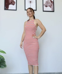 Kırmızı Çizgili Uzun Elbise