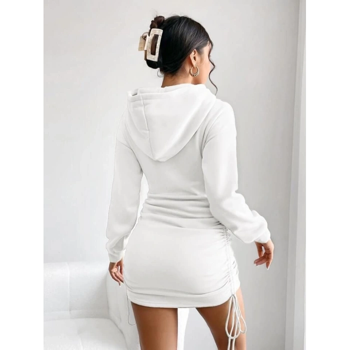 3 iplik şardonlu kapşonlu elbise beyaz
