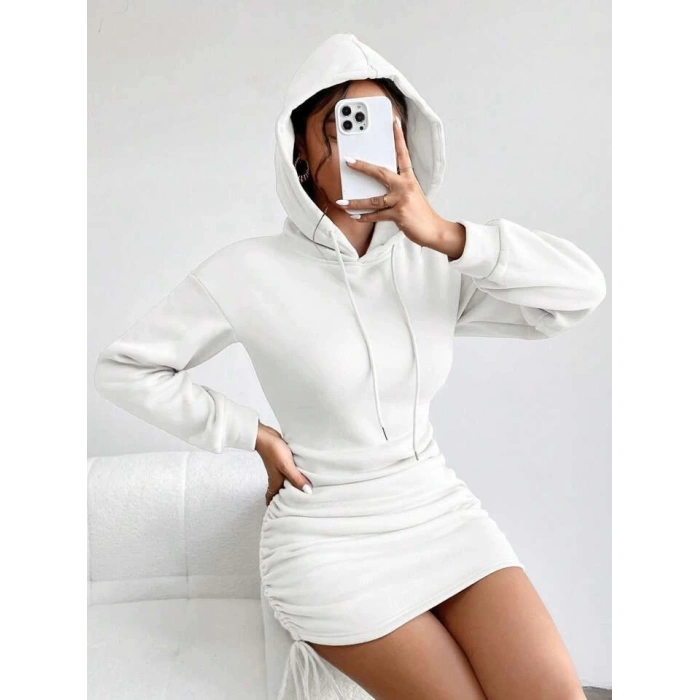 3 iplik şardonlu kapşonlu elbise beyaz