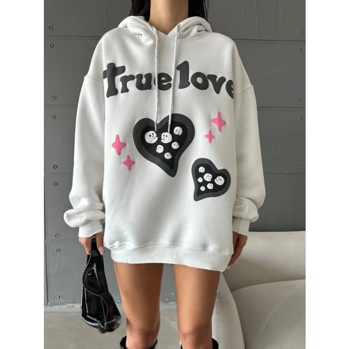 3 iplik şardonlu oversize true baskılı sweat Beyaz