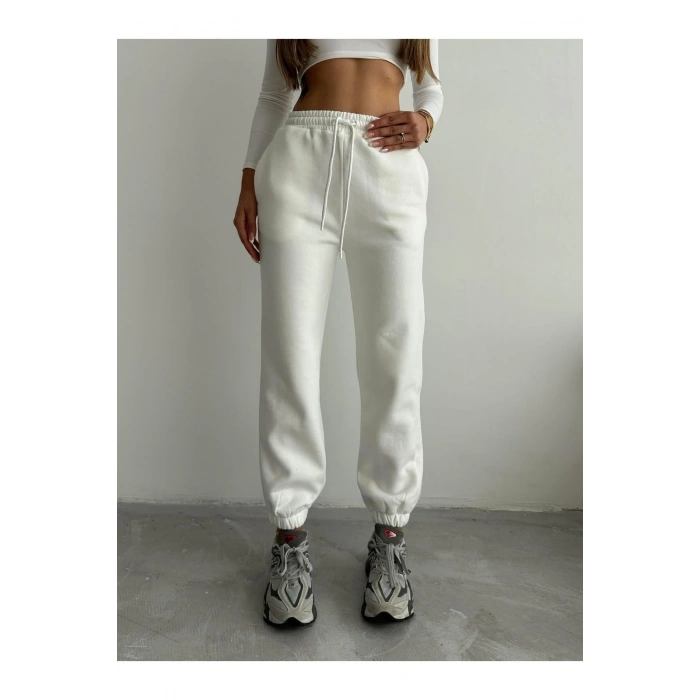 3 iplik şardonlu paça lastikli eşofman beyaz is001