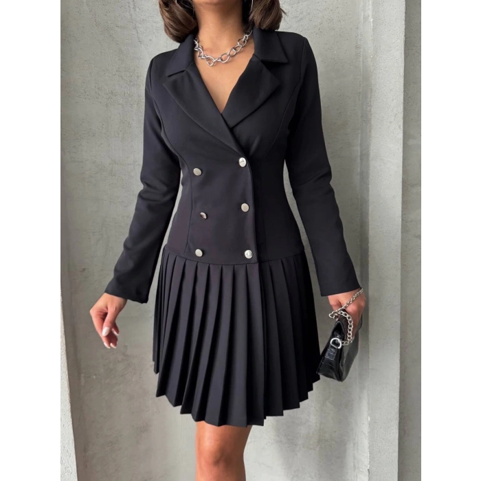 Altı piliseli uzun kollu ceket elbise siyah s255016