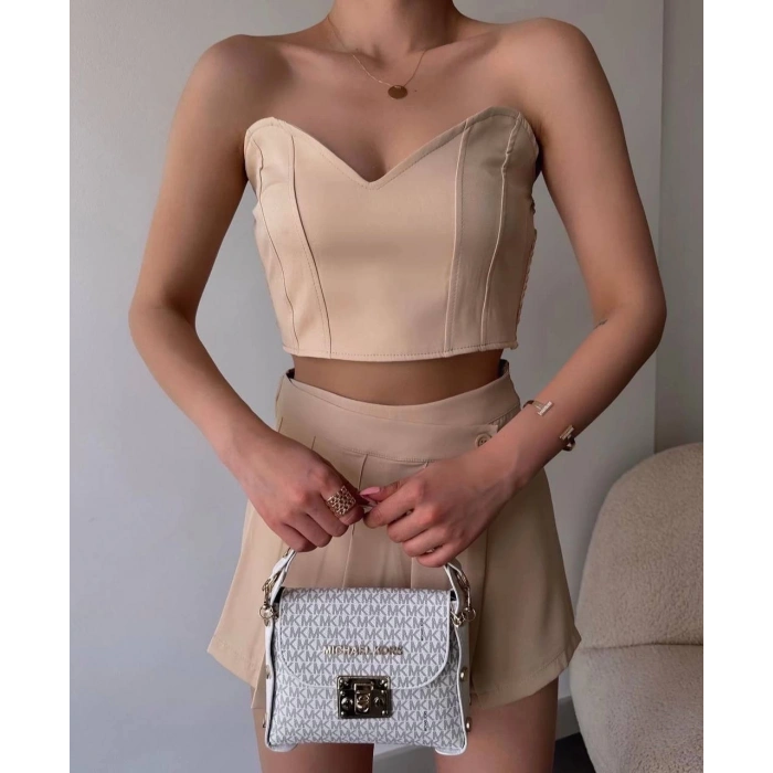 Arkadan büzgülü esnek büstiyer bej