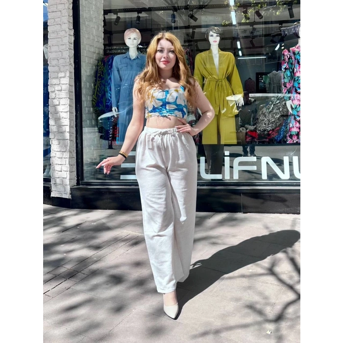 Bağcıklı keten pantolon krem