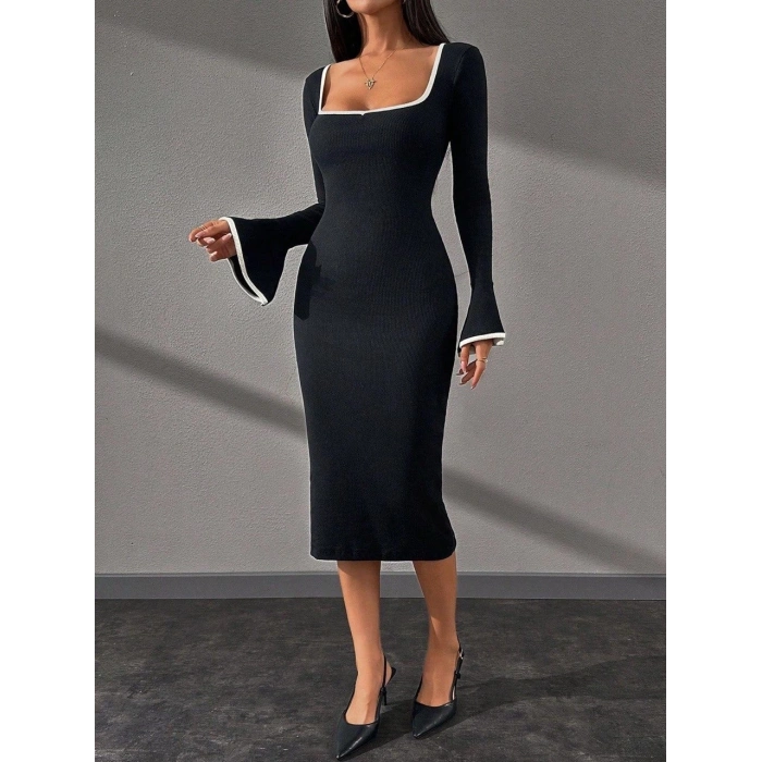 Biyeli midi boy elbise siyah A3718