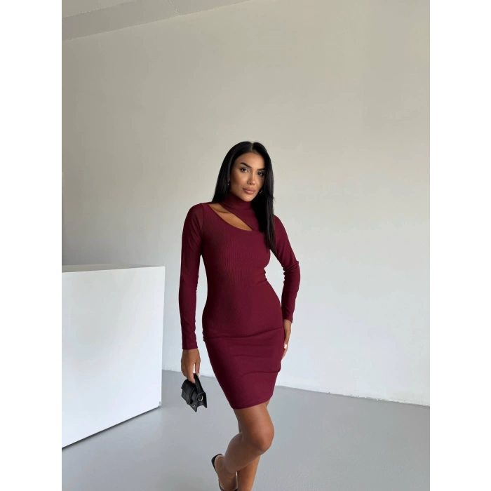 Boğazlı gögüs dekolteli elbise bordo f2333
