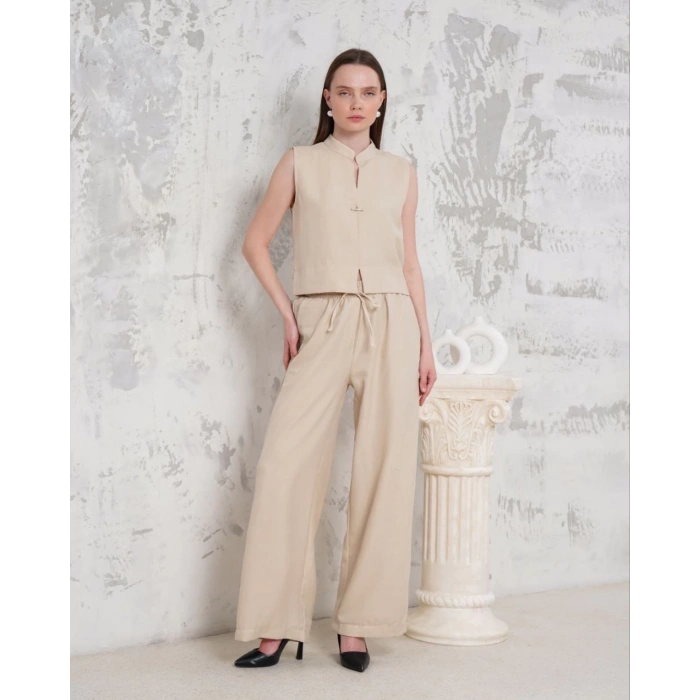 Broşlu yelek pantolon takım bej s255821