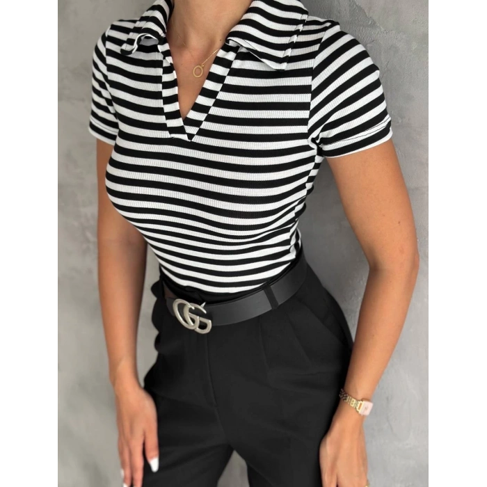 çizgili kaşkorse v yaka tişört siyahbeyaz