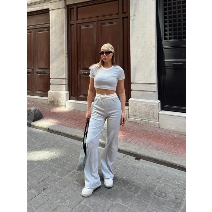 Crop pantolon biyeli takım gri
