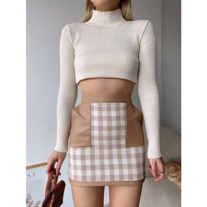 Deri cep garnili kaşe etek bej h24604