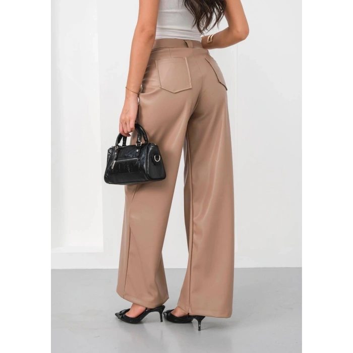 Deri geniş paça beli lastikli pantolon bej h263644