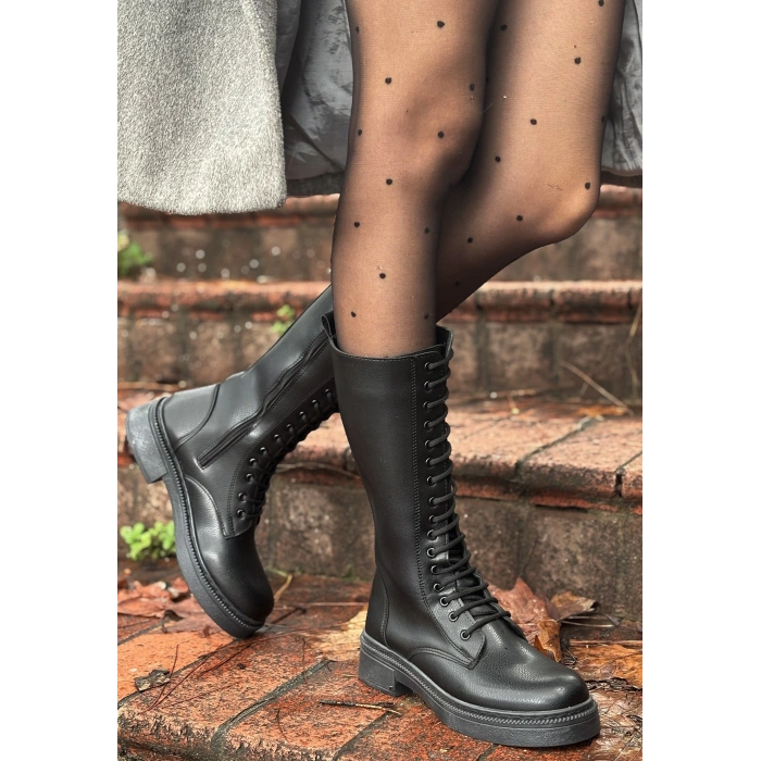 Dorin Siyah Cilt Bağcıklı Çizme