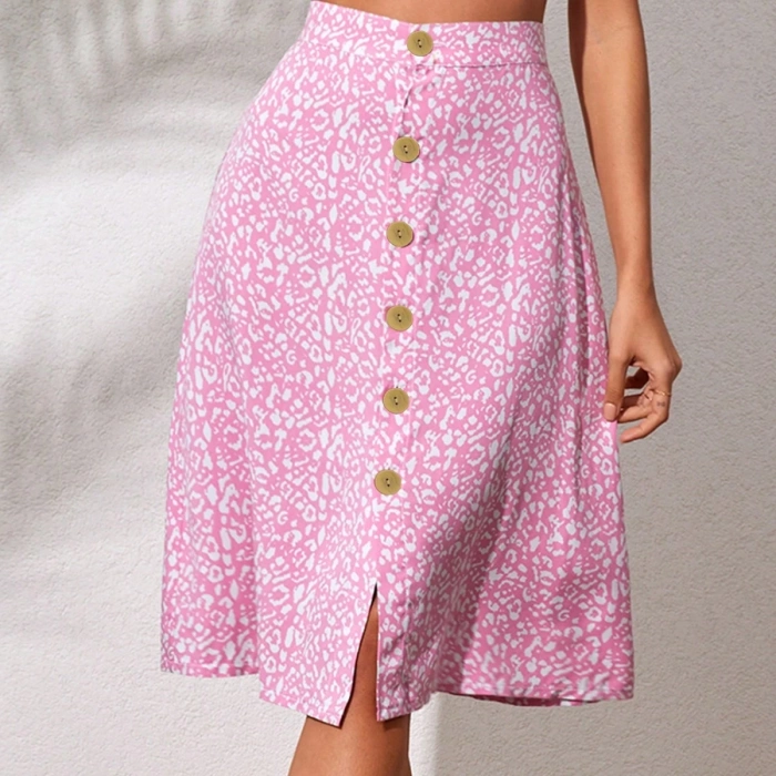 Düğmeli baskılı midi etek