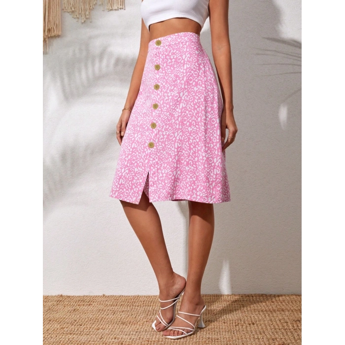 Düğmeli baskılı midi etek