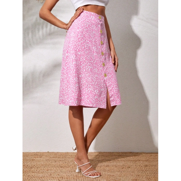 Düğmeli baskılı midi etek