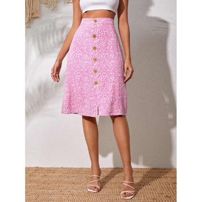 Düğmeli baskılı midi etek