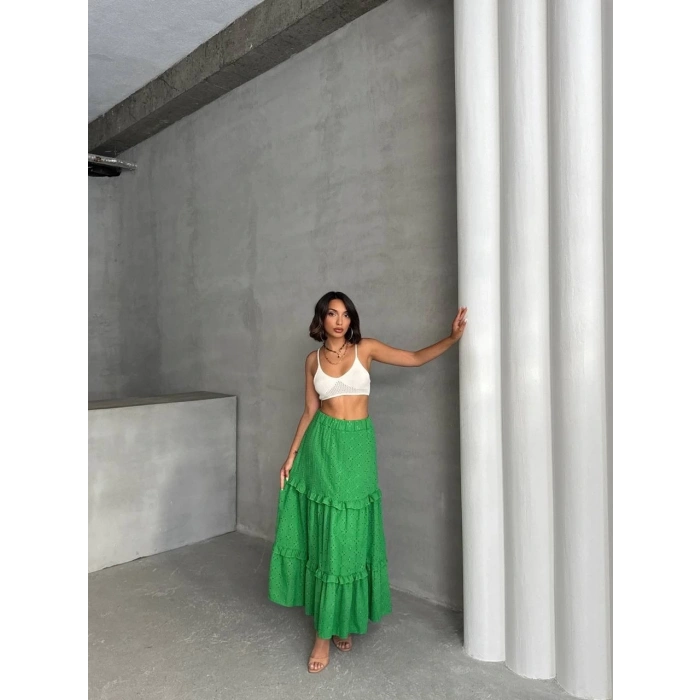Fırfırlı brodeli astarlı uzun etek yeşil s255047