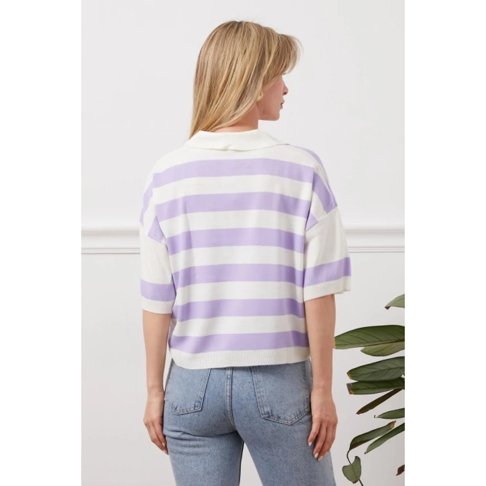 Gömlek yaka çizgili triko tişört