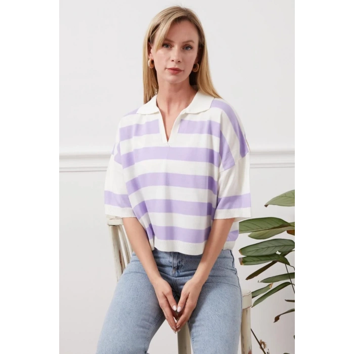 Gömlek yaka çizgili triko tişört
