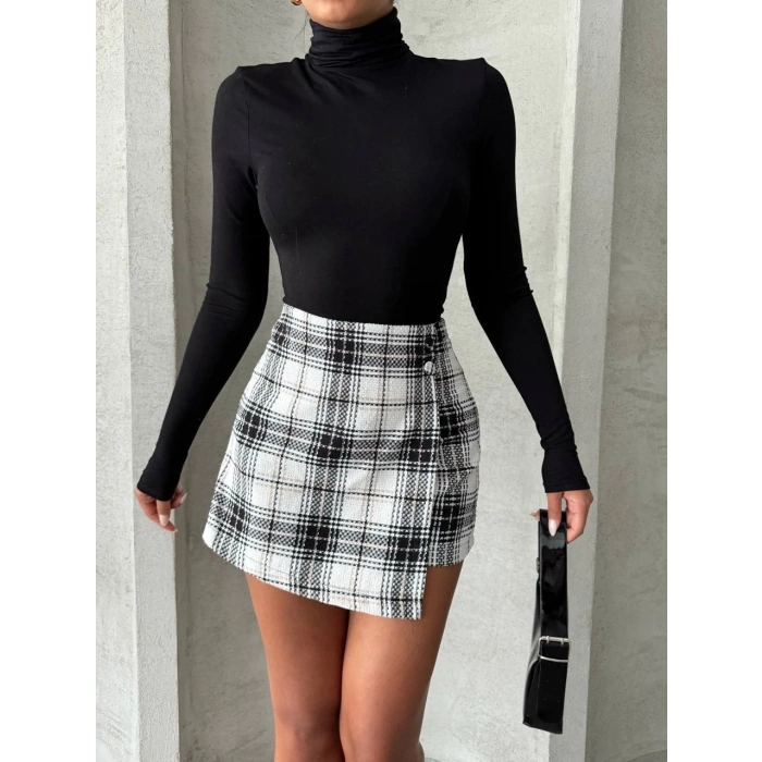 İki düğmeli şort ch kumaş etek ekoseli siyahbeyaz h26414