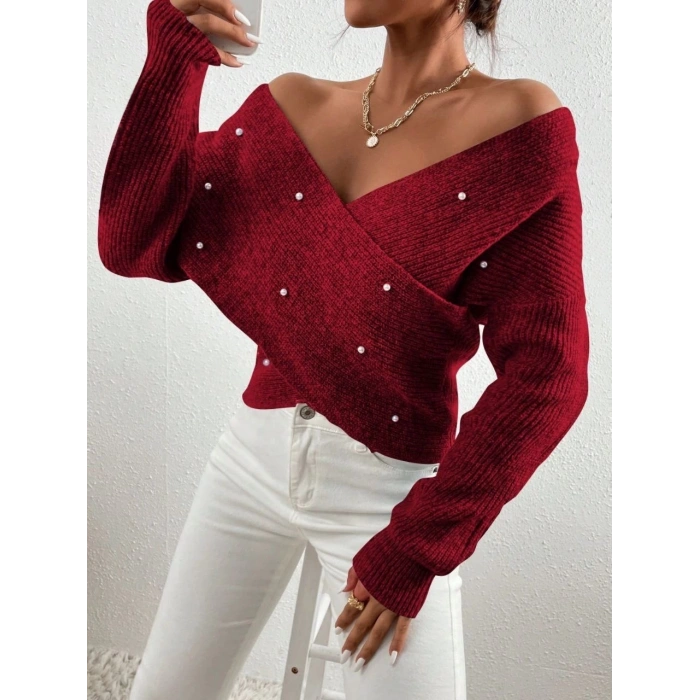 İncili çapraz kazak bordo