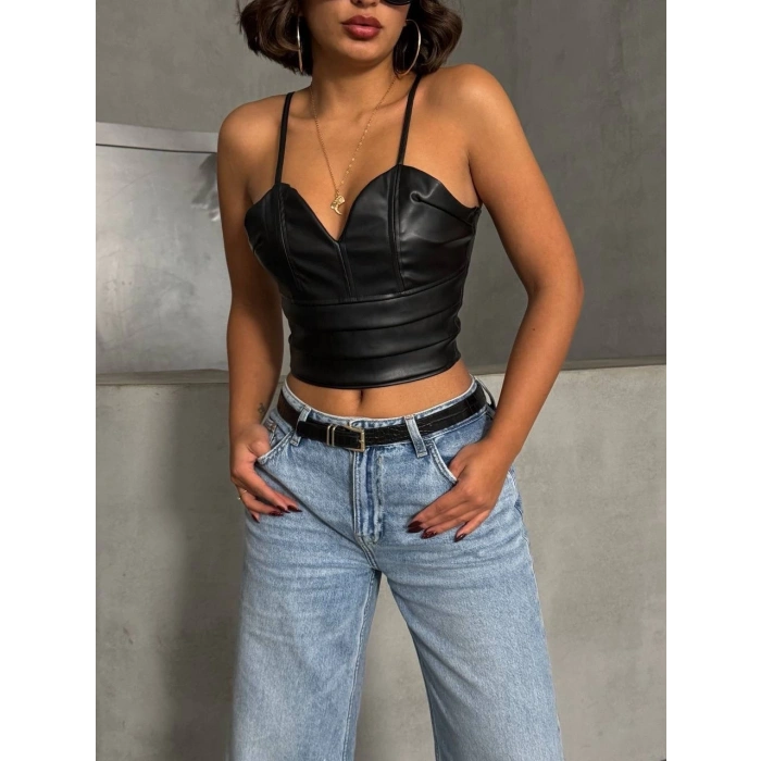 İp askılı yandan fermuarlı rastale deri crop siyah s24113