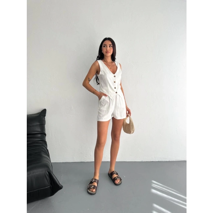 Kadın keten şort yelek takım s3461