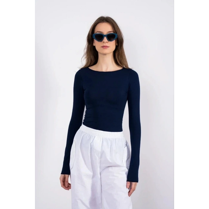 Kayık yaka uzun kollu bluz lacivert pt
