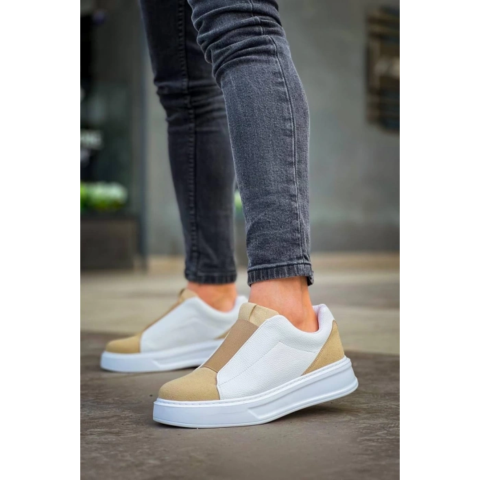 KB-007  Kuback  Beyaz Bej Yüksek Taban Tek Bant Bağcıksız Günlük Erkek Ayakkabı