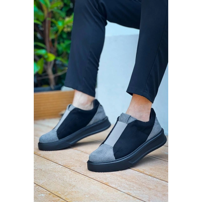 KB-007  Kuback Siyah Gri Siyah Yüksek Taban Tek Bant Bağcıksız Günlük Erkek