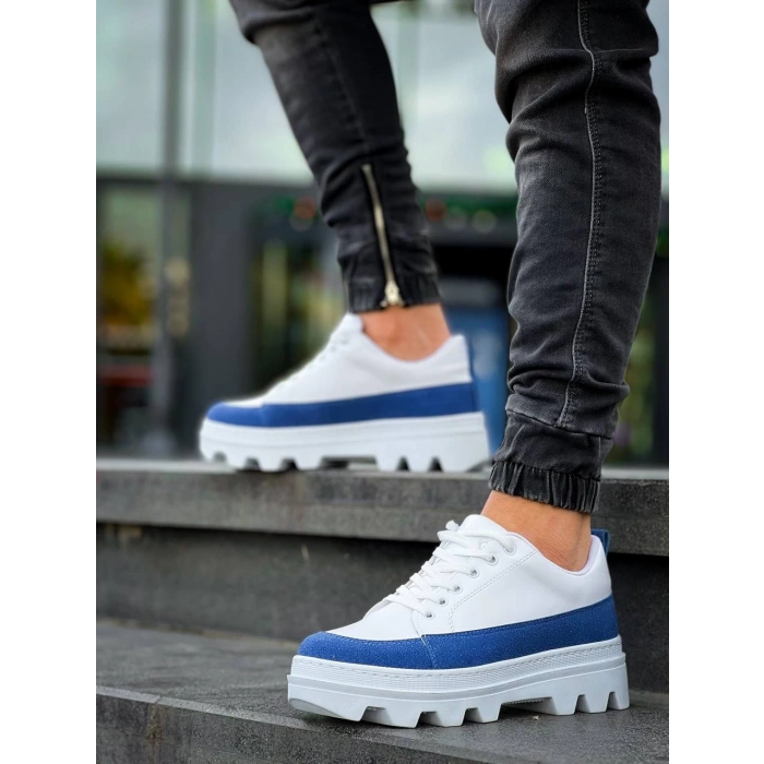 KB-056 Kuback Beyaz Mavi Detaylı Beyaz Yüksek Taban Günlük Spor Ayakkabı