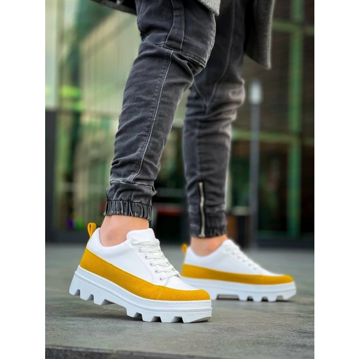 KB-056 Kuback Beyaz Sarı Detaylı Beyaz Yüksek Taban Günlük Spor Ayakkabı