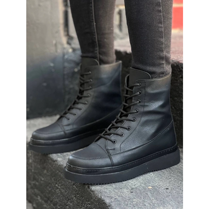 KB-0991  Kuback Siyah Cilt Siyah Yüksek Taban  Bağcıklı  Postal Bot