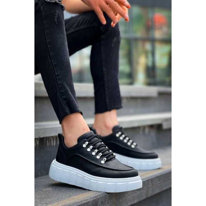 KB-X10 Kuback Siyah Cilt  Beyaz Yüksek Taban Günlük Spor Ayakkabı