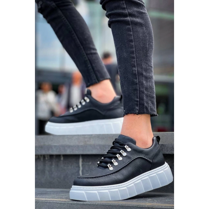 KB-X10 Kuback Siyah Cilt  Beyaz Yüksek Taban Günlük Spor Ayakkabı