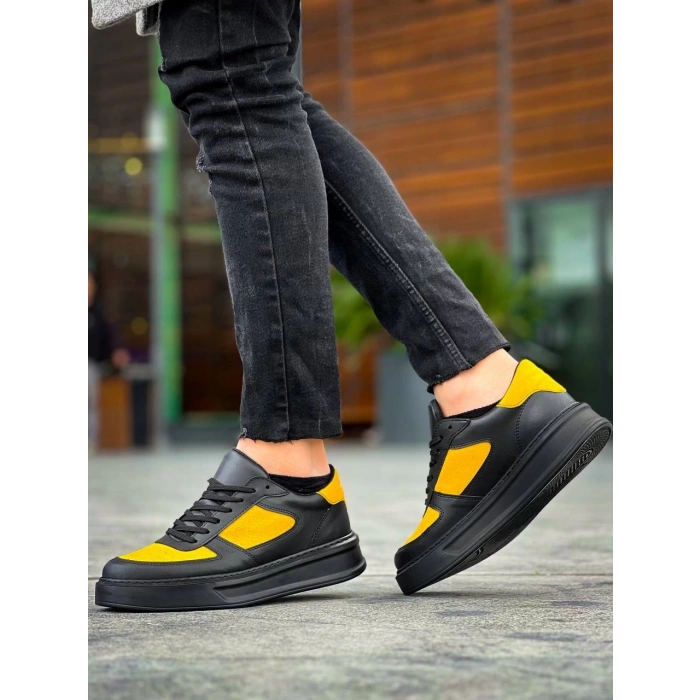 KB-X8 Kuback Siyah Sarı Cilt Yüksek Taban Günlük Spor Ayakkabı