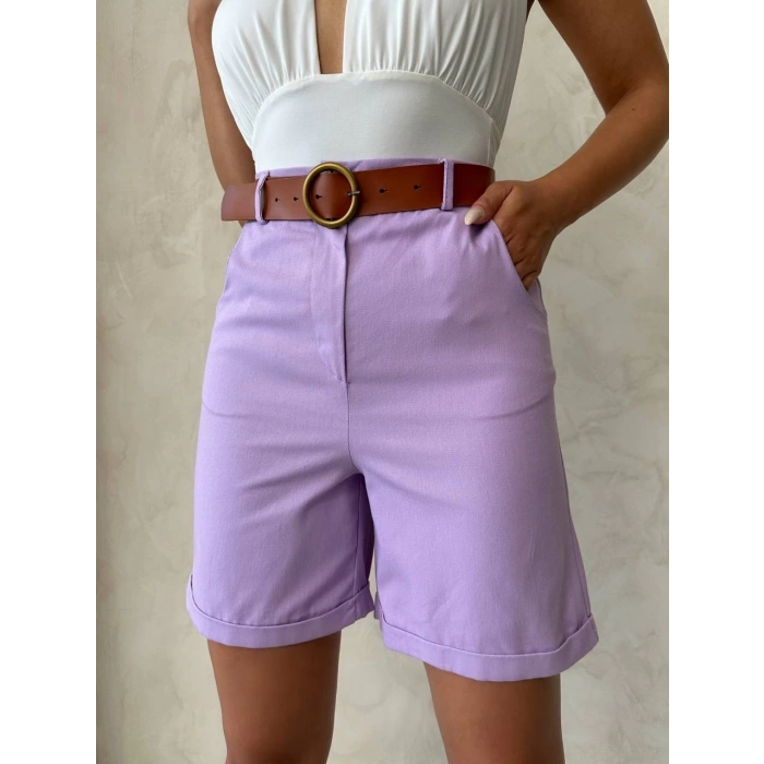 Kemerli gabardin şort lila s25735