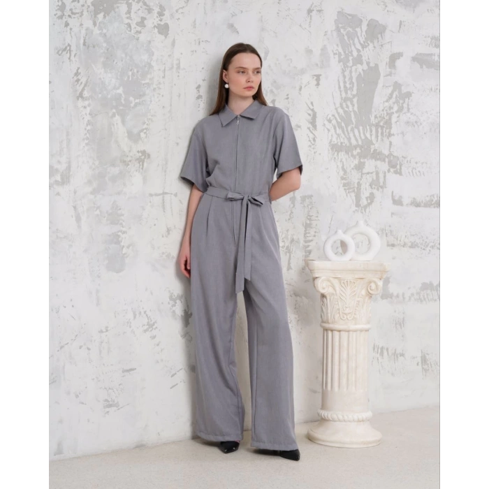 Kuşaklı gömlek yaka salaş tulum gri s255822
