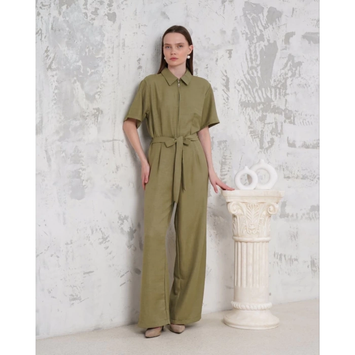 Kuşaklı gömlek yaka salaş tulum haki s255822