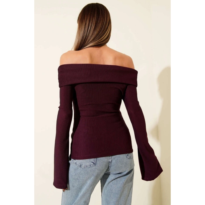 Omzu Açık Fermuarlı Bluz Mürdüm T4330