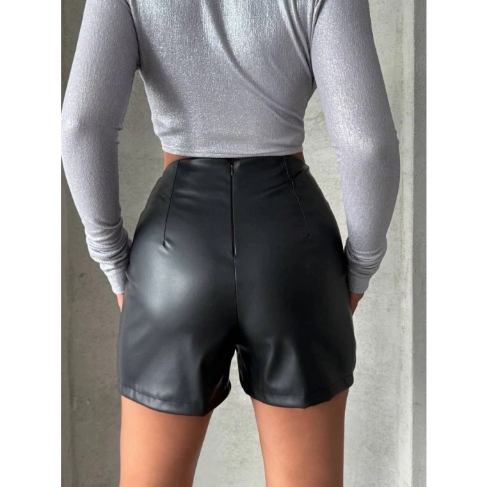 Parçalı cepli deri şort siyah w26312